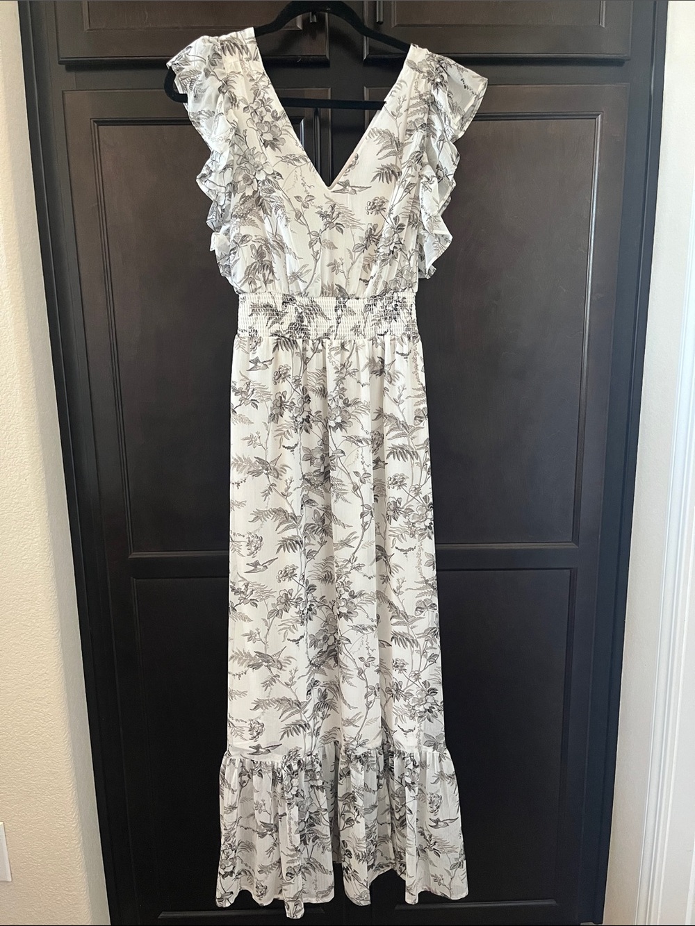 Express White Maxi Dress with monochromatic gray floral Print